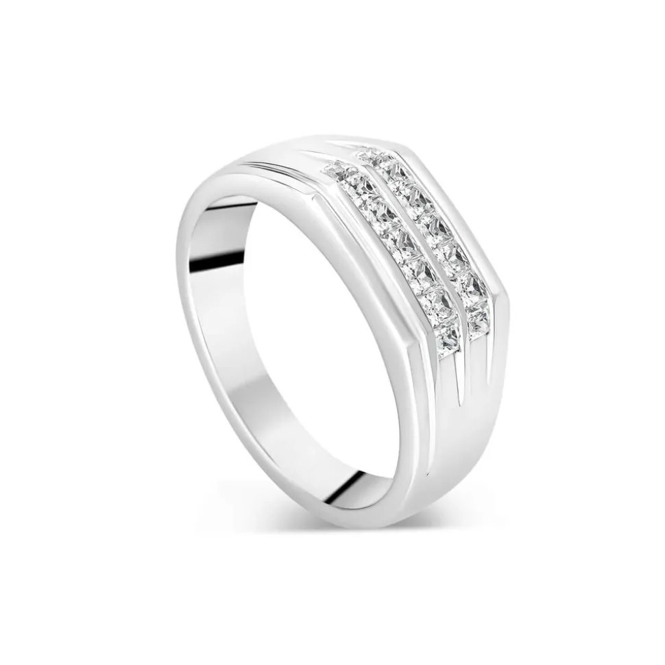 Gents Sterling Silver Two Line Square Cubic Zirconia Signet Ring