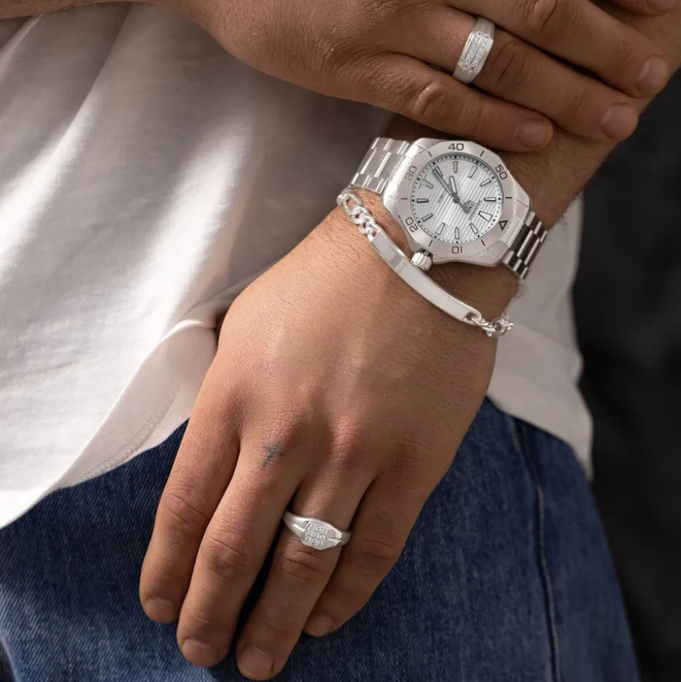Gents Sterling Silver Two Line Square Cubic Zirconia Signet Ring