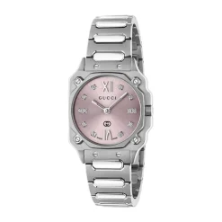 Gucci G-Flat 24mm Pink Dial Diamond Dots Stainless Steel Bracelet Watch