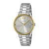 Gucci G-Timeless 38mm Silver Dial Yellow Gold Plated Bezel Stainless Steel Bracelet Watch