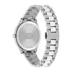 Gucci G-Timeless 38mm Silver Dial Yellow Gold Plated Bezel Stainless Steel Bracelet Watch