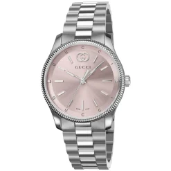 Gucci G-Timeless Quartz 29mm Pink Dial Diamond Dots Steel Bracelet Watch