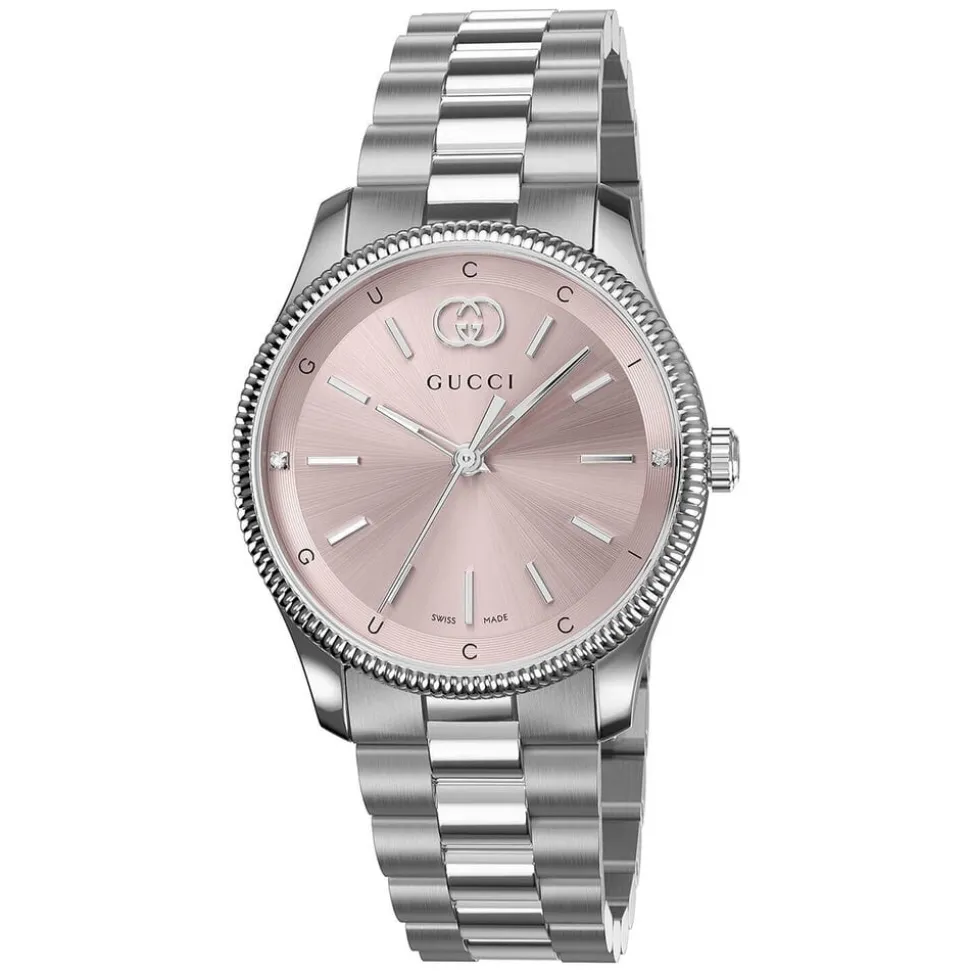 Gucci G-Timeless Quartz 29mm Pink Dial Diamond Dots Steel Bracelet Watch