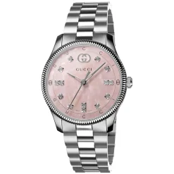 Gucci G-Timeless Quartz 29mm Pink MOP Dial Diamond Dots Steel Bracelet Watch