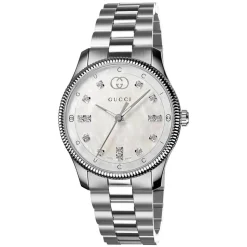 Gucci G-Timeless Quartz 29mm White MOP Dial Diamond Dots Steel Bracelet Watch