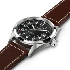 Hamilton Khaki Field Auto 38mm Black Dial Steel Case Brown Leather Strap Watch