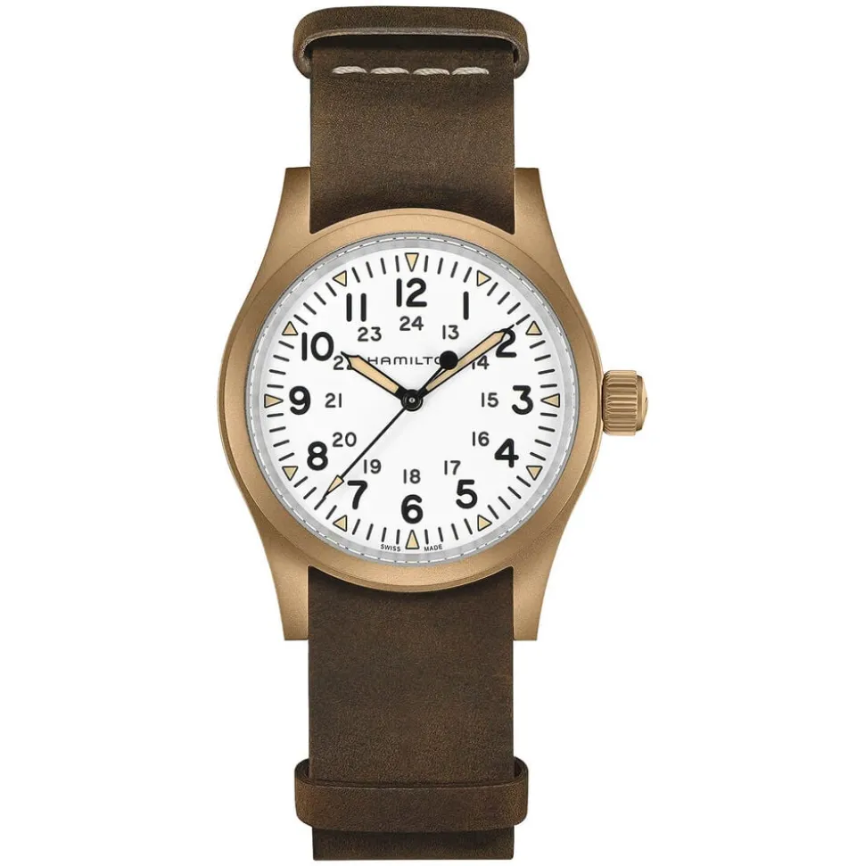 Hamilton Khaki Field Mechanical Bronze 38mm White Dial Brown Leather Strap Watch