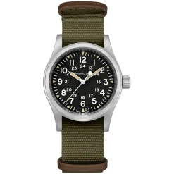 Hamilton Khaki Field Mechanical 38mm Black Dial Steel Case Green Strap Watch