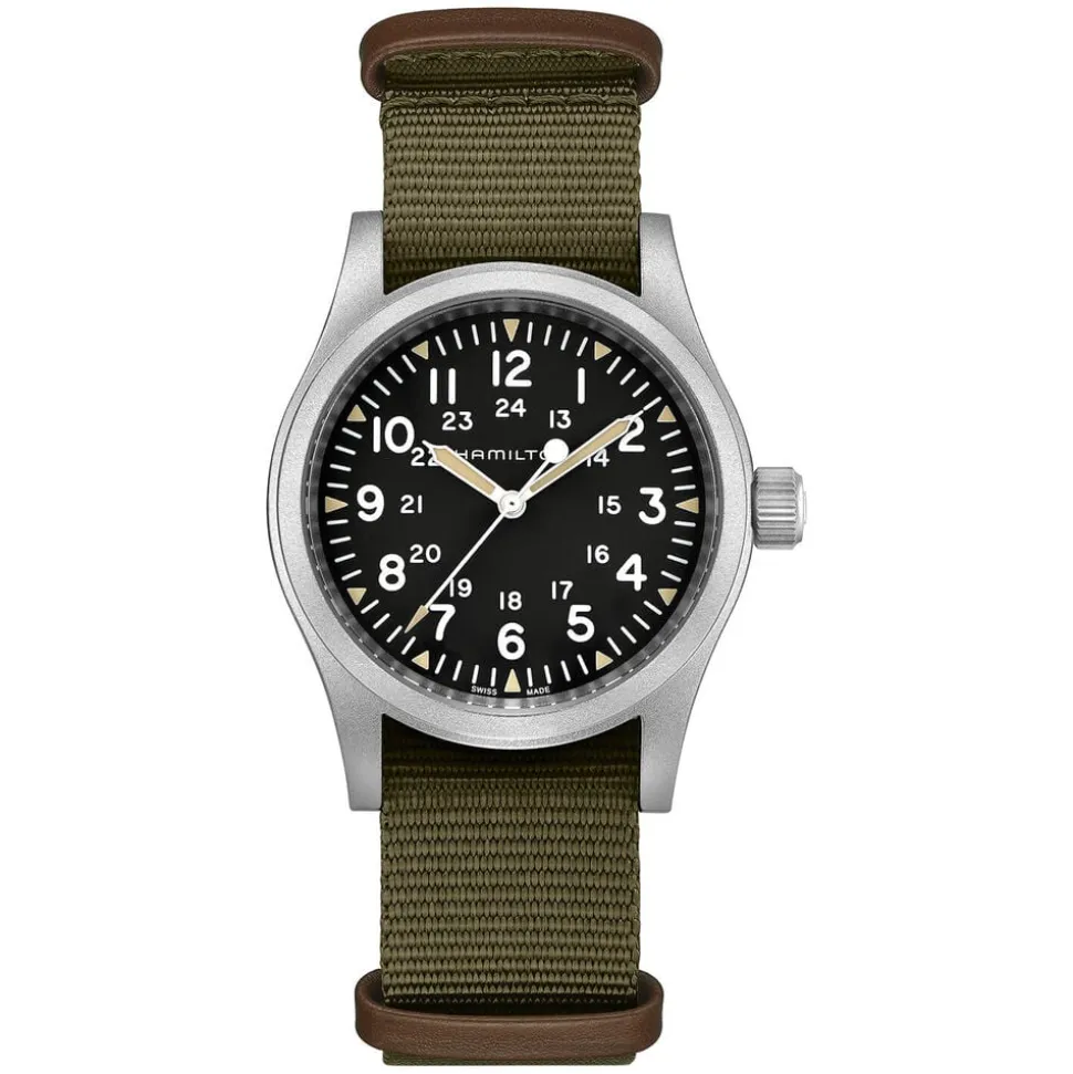 Hamilton Khaki Field Mechanical 38mm Black Dial Steel Case Green Strap Watch