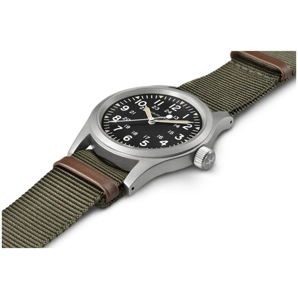 Hamilton Khaki Field Mechanical 38mm Black Dial Steel Case Green Strap Watch