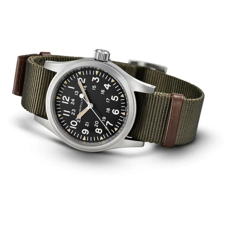 Hamilton Khaki Field Mechanical 38mm Black Dial Steel Case Green Strap Watch