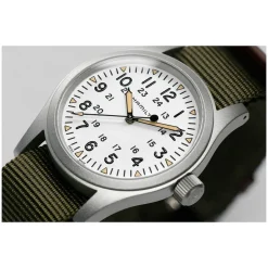 Hamilton Khaki Field Mechanical 38mm White Dial Steel Case Green Strap Watch