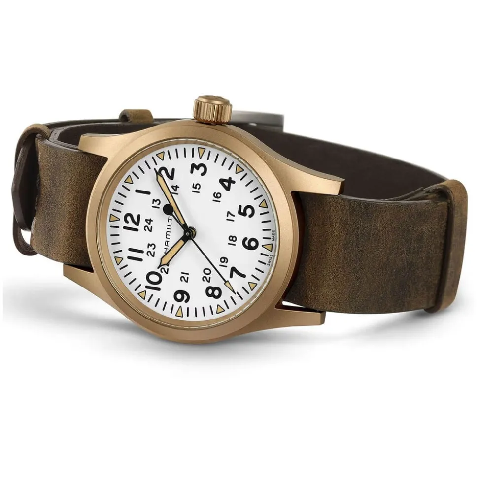 Hamilton Khaki Field Mechanical Bronze 38mm White Dial Brown Leather Strap Watch
