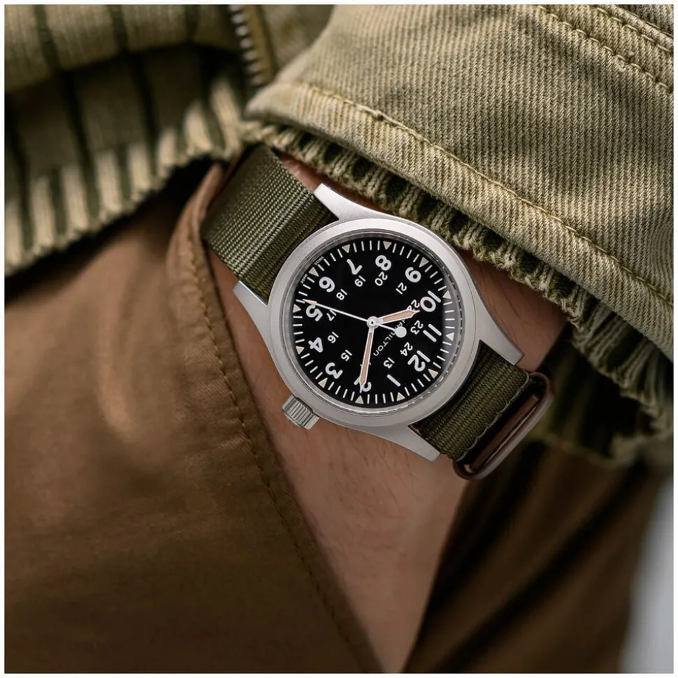 Hamilton Khaki Field Mechanical 38mm Black Dial Steel Case Green Strap Watch