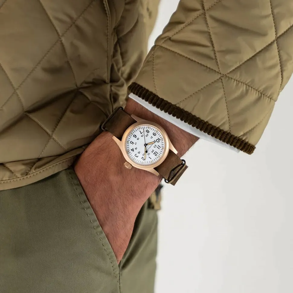 Hamilton Khaki Field Mechanical Bronze 38mm White Dial Brown Leather Strap Watch