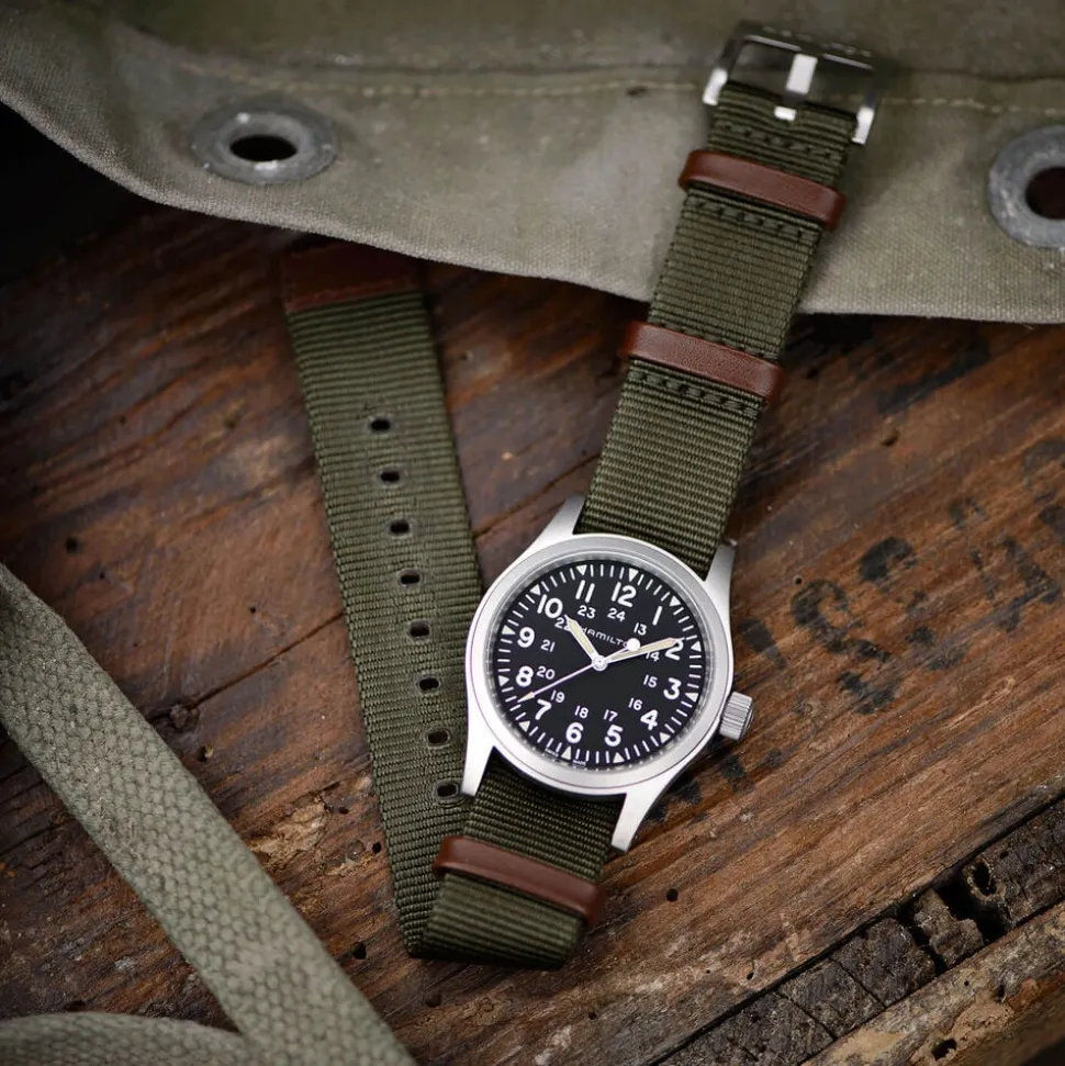 Hamilton Khaki Field Mechanical 38mm Black Dial Steel Case Green Strap Watch