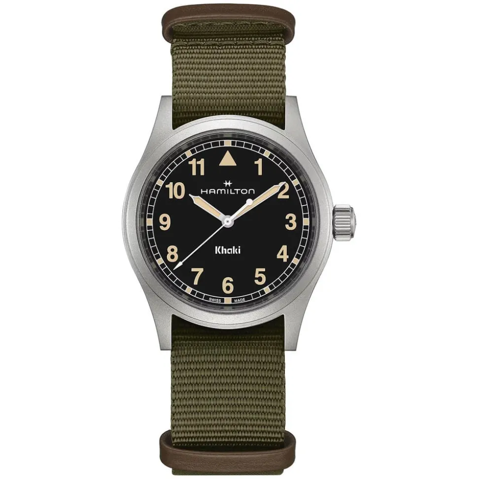Hamilton Khaki Field Quartz 38mm Black Dial Steel Case Green Strap Watch