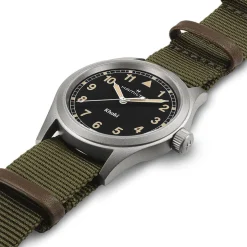 Hamilton Khaki Field Quartz 38mm Black Dial Steel Case Green Strap Watch