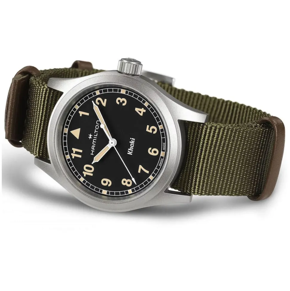 Hamilton Khaki Field Quartz 38mm Black Dial Steel Case Green Strap Watch