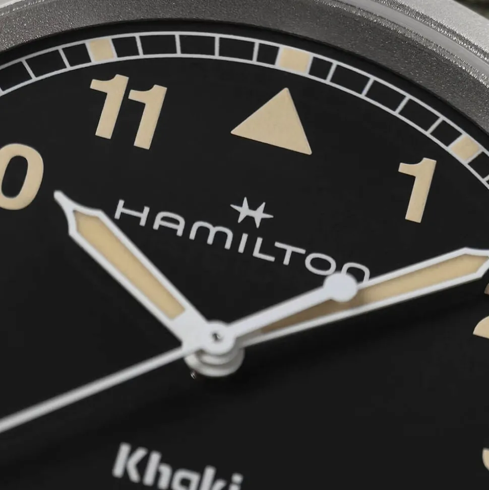 Hamilton Khaki Field Quartz 38mm Black Dial Steel Case Green Strap Watch