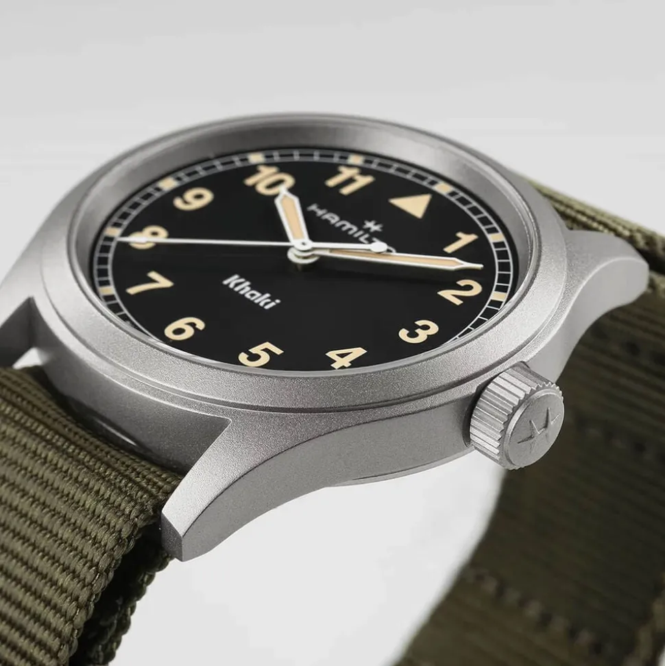 Hamilton Khaki Field Quartz 38mm Black Dial Steel Case Green Strap Watch