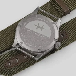Hamilton Khaki Field Quartz 38mm Black Dial Steel Case Green Strap Watch