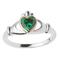 House of Lor 9ct Irish Rose Gold and Sterling Silver Green Stone Claddagh Ring