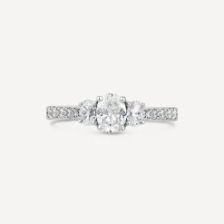 Kathy de Stafford 18ct White Gold Coco 3 Stone Oval Diamond 1ct Side Stone Set Shoulders Ring
