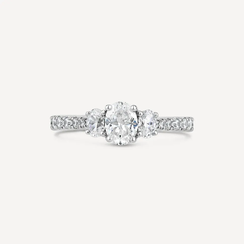 Kathy de Stafford 18ct White Gold Coco 3 Stone Oval Diamond 1ct Side Stone Set Shoulders Ring