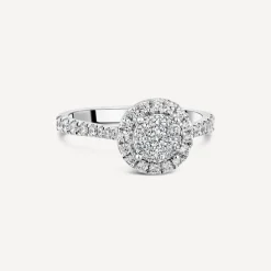 Kathy De Stafford 18ct White Gold Diamond Halo Cluster Stone Set Shoulders 0.60 Carat Ring