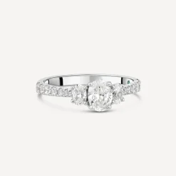 Kathy de Stafford 18ct White Gold Coco 3 Stone Oval Diamond 1ct Side Stone Set Shoulders Ring