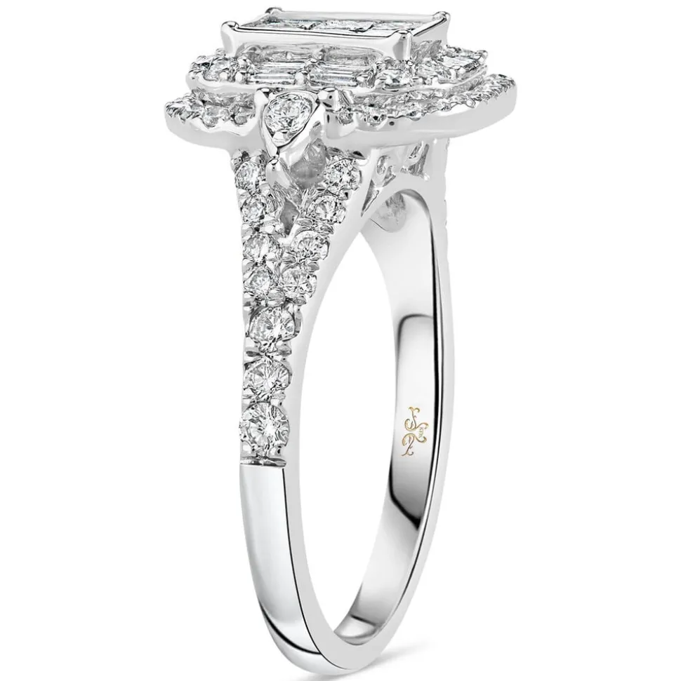 Kathy De Stafford 18ct White Gold 'Saffron' Rectangular Princess & Baguette Halo Shoulders Ring