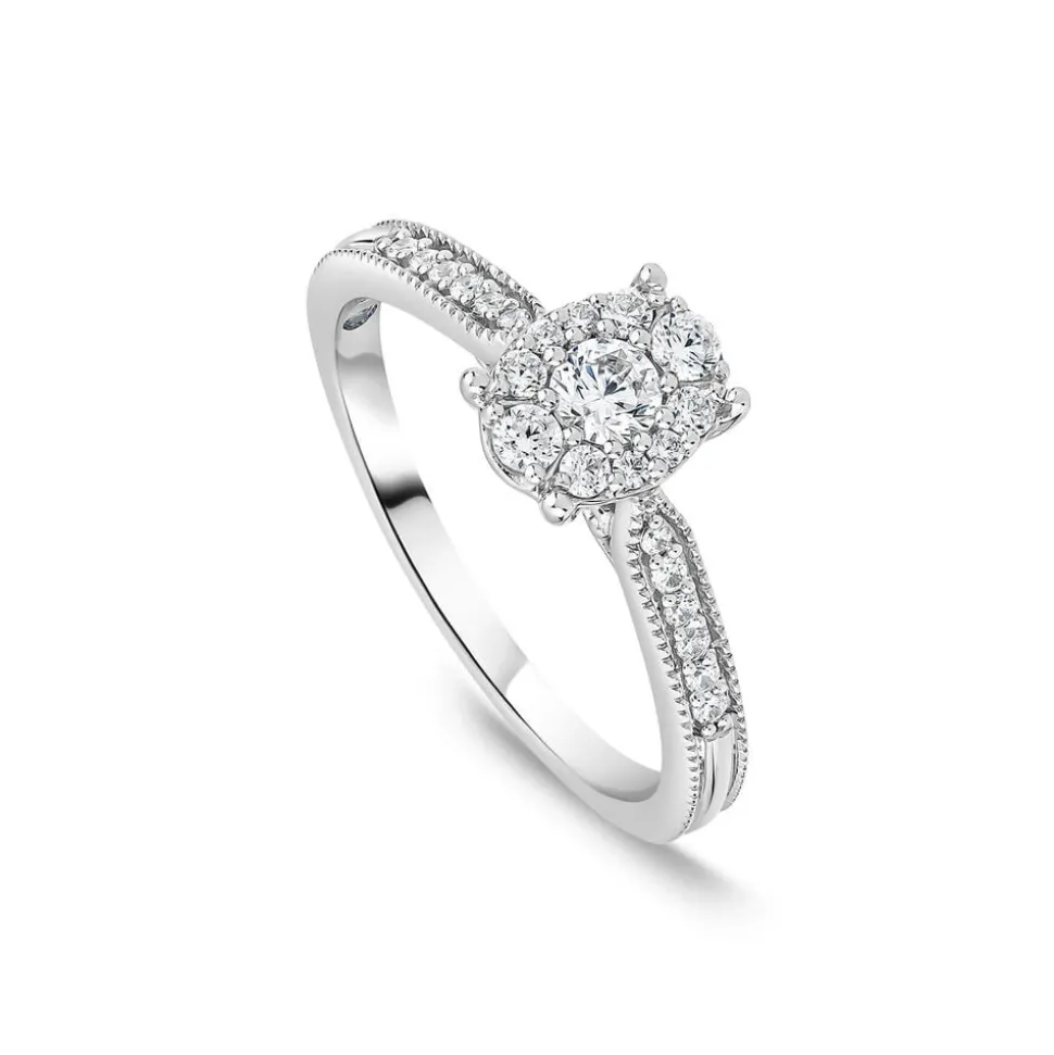 Kathy De Stafford Platinum 'Margot' 0.33ct Diamond Oval Cluster Beaded Shoulders Ring