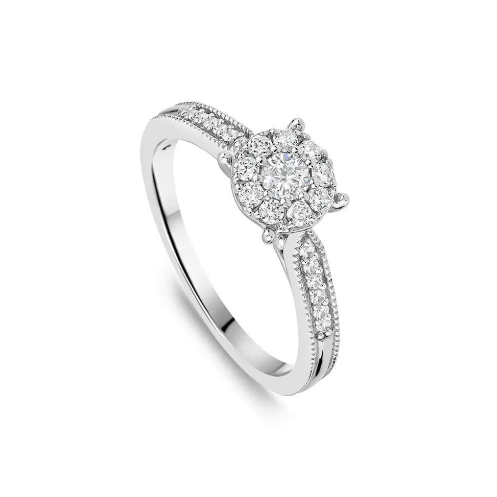 Kathy De Stafford Platinum 'Marnie' 0.33ct Diamond Solitaire Cluster Beaded Shoulders Ring