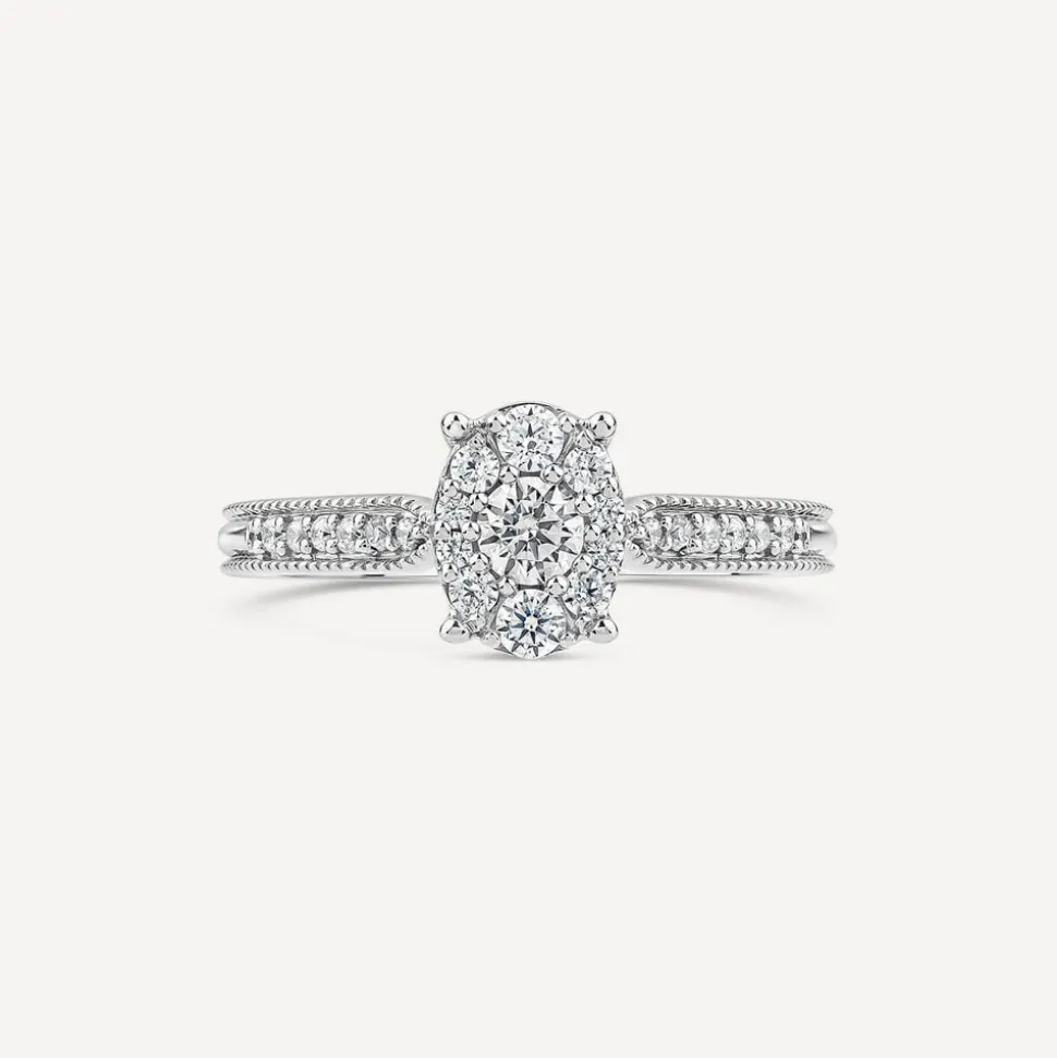 Kathy De Stafford Platinum 'Margot' 0.33ct Diamond Oval Cluster Beaded Shoulders Ring