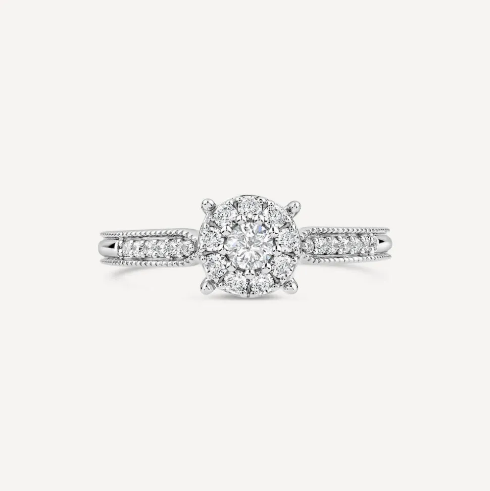Kathy De Stafford Platinum 'Marnie' 0.33ct Diamond Solitaire Cluster Beaded Shoulders Ring