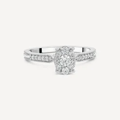 Kathy De Stafford Platinum 'Margot' 0.33ct Diamond Oval Cluster Beaded Shoulders Ring