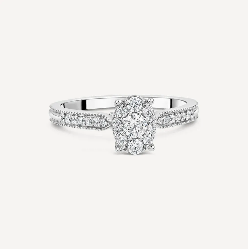 Kathy De Stafford Platinum 'Margot' 0.33ct Diamond Oval Cluster Beaded Shoulders Ring