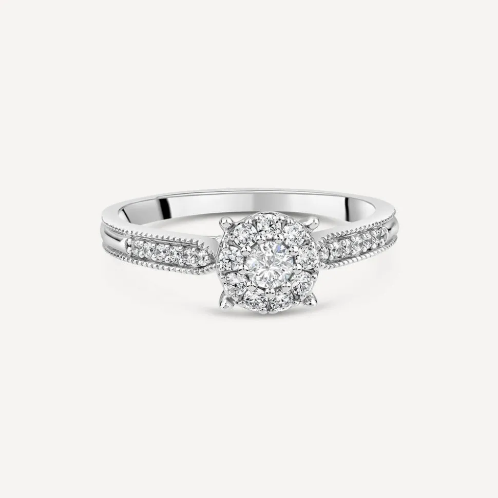 Kathy De Stafford Platinum 'Marnie' 0.33ct Diamond Solitaire Cluster Beaded Shoulders Ring