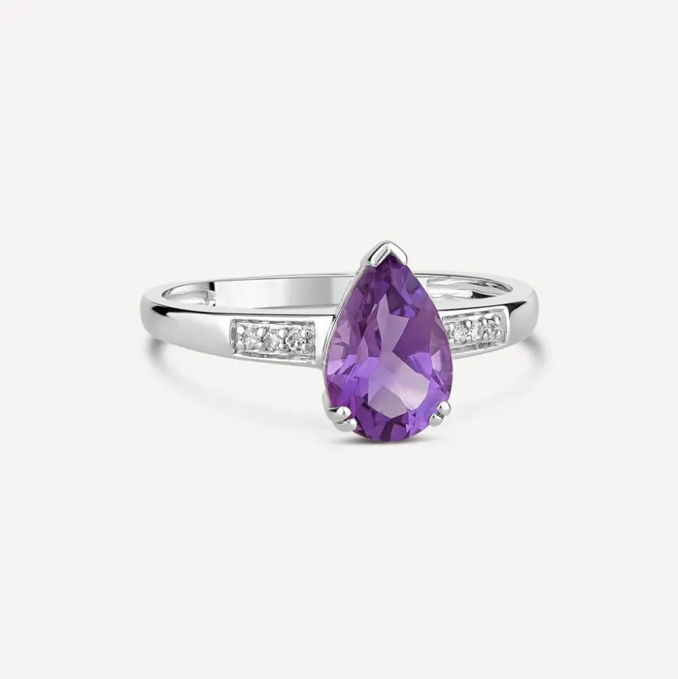 Ladies 9ct Gold Diamond and Amethyst Pear Ring