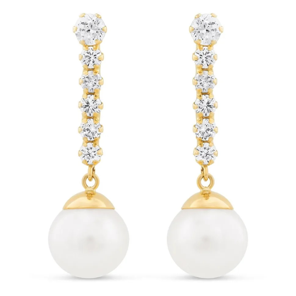 Ladies 9ct Gold Pearl Drop Earrings with Cubic Zirconia