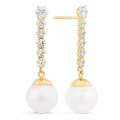 Ladies 9ct Gold Pearl Drop Earrings with Cubic Zirconia