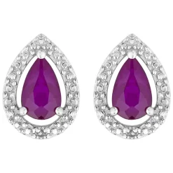Ladies 9ct White Gold Created Ruby and Diamond Pear Earrings