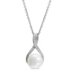 Ladies Silver Cubic Zirconia & Freshwater Pearl Twist Top Drop Necklace (Chain Included)