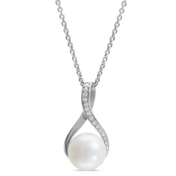 Ladies Silver Cubic Zirconia & Freshwater Pearl Twist Top Drop Necklace (Chain Included)