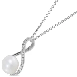 Ladies Silver Cubic Zirconia & Freshwater Pearl Twist Top Drop Necklace (Chain Included)