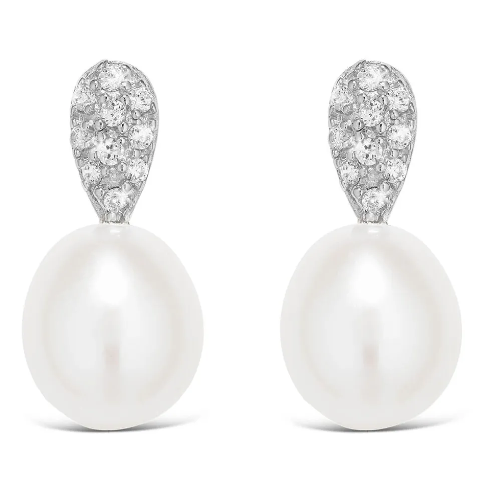 Ladies Sterling Silver and Cubic Zirconia Pearl Earrings