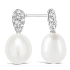 Ladies Sterling Silver and Cubic Zirconia Pearl Earrings