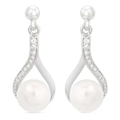 Ladies Sterling Silver with Cubic Zirconia and Freshwater Pearl Twist Top Drop Earrings