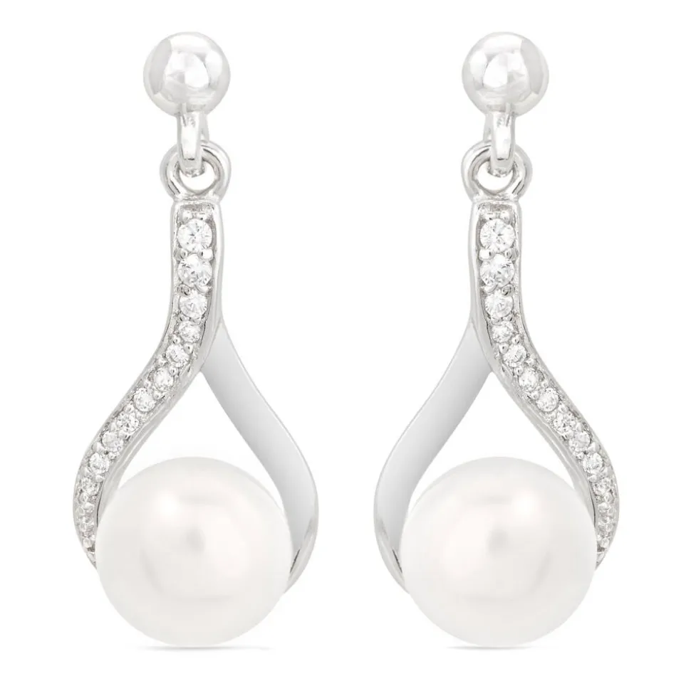 Ladies Sterling Silver with Cubic Zirconia and Freshwater Pearl Twist Top Drop Earrings